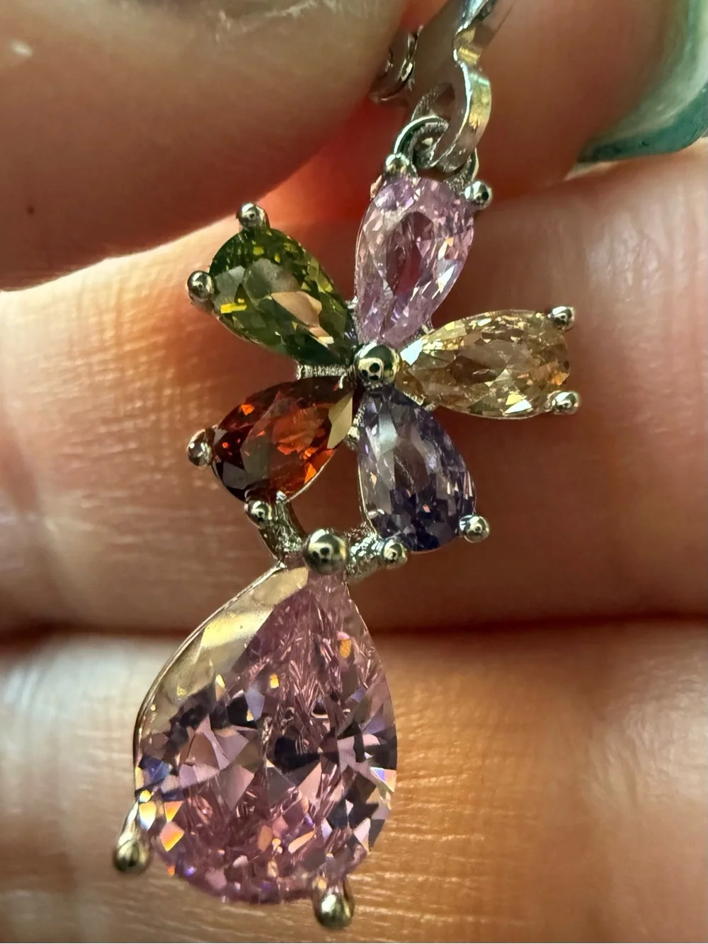 NEW!! Multi-Color Flower Drop Earrings with Pink Teardrop Gem